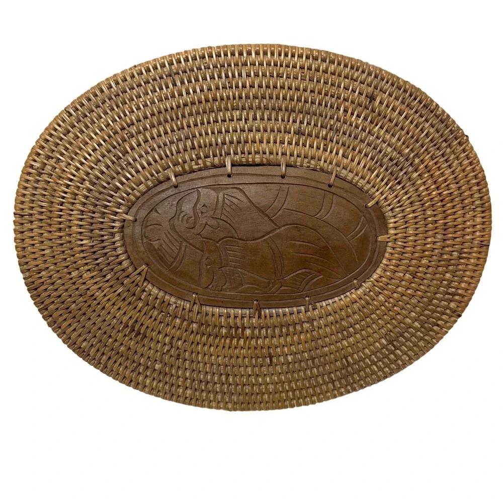 Handwoven Rattan Oval Trinket Basket Box Carved Wood Lid Figure Brown 9.5in